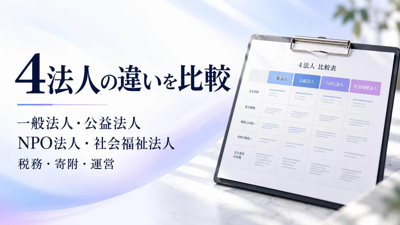 一般法人と公益法人、NPO法人と社会福祉法人の違い｜税務・寄附・運営を比較